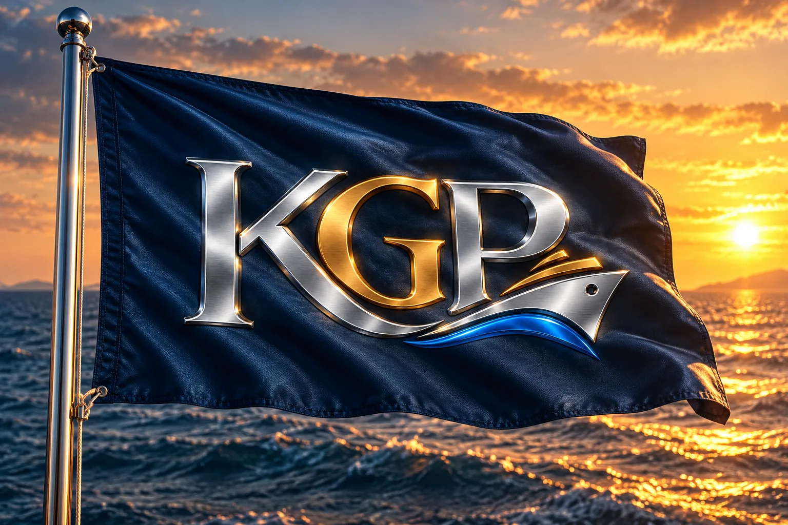 Denizde direkte dalgalanan lacivert KGP bayrağı, gün batımı