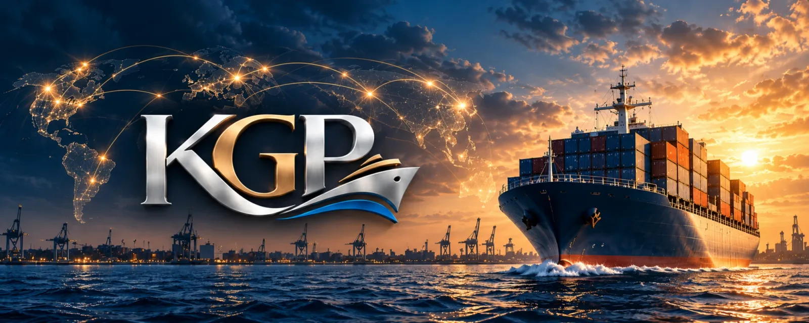 Gün batımında limandan açılan konteyner gemisi; gökte ışıklı dünya haritası ve metalik KGP logosu