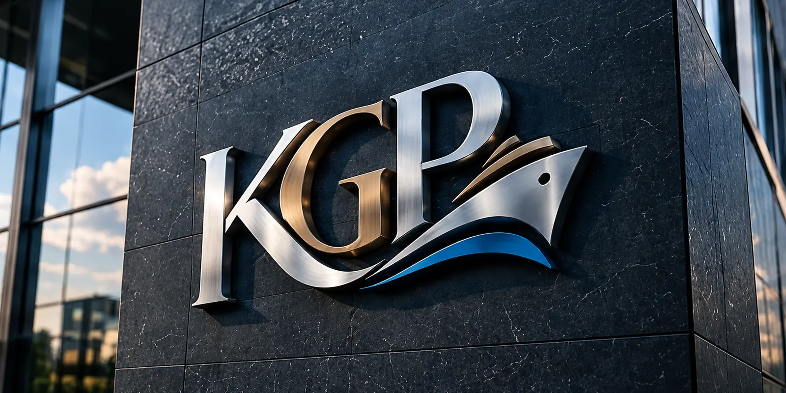 Cam cepheli binanın koyu granit duvarında metal KGP logosu (geniş kadraj)