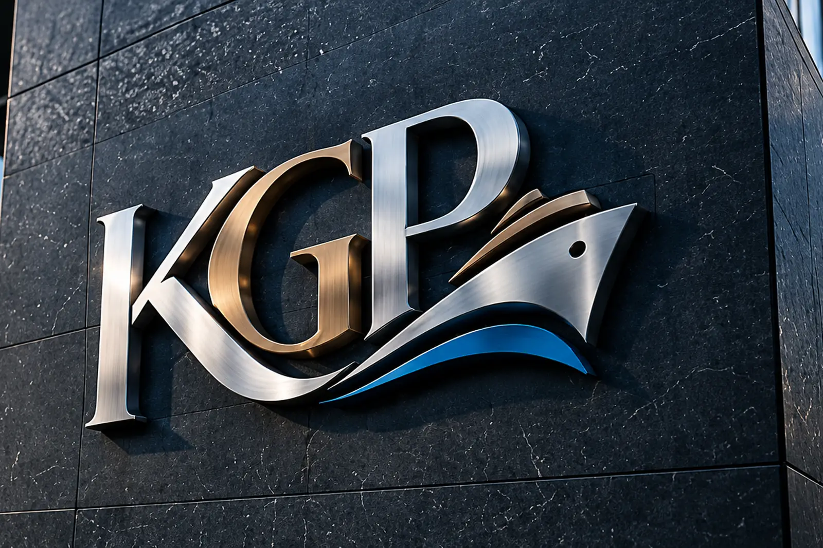 Koyu granit duvarda metal KGP logosu